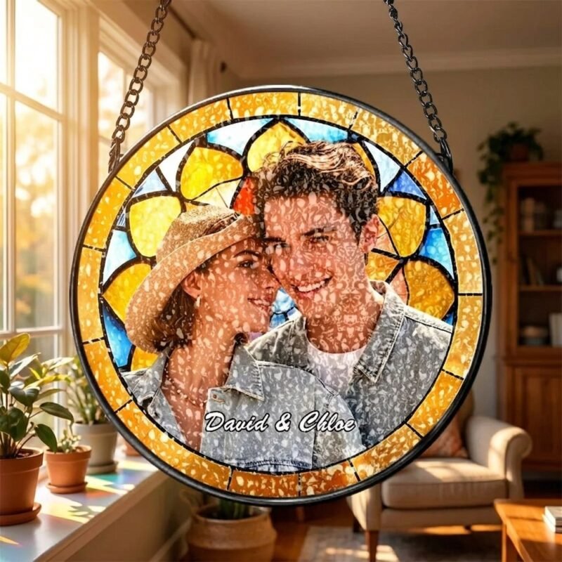 Custom Stained Glass Style Suncatcher Personalized with Your Photo & Name — lifestyle scene 2