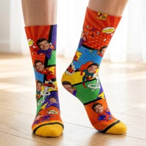 Custom Superhero Face Socks Personalized with Your Photo & Name — lifestyle scene 1