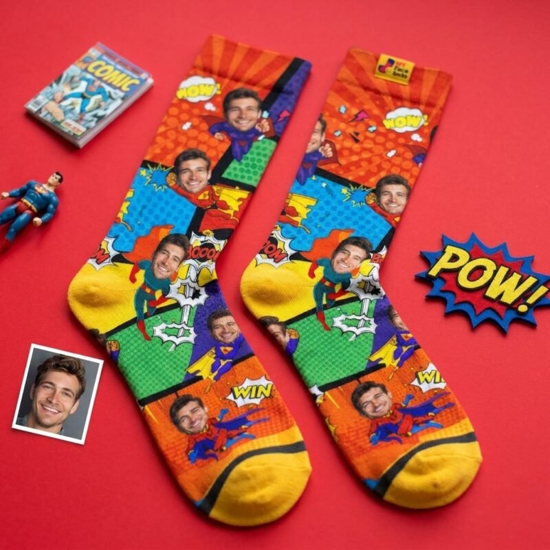 Custom Superhero Face Socks Personalized with Your Photo & Name — lifestyle scene 2