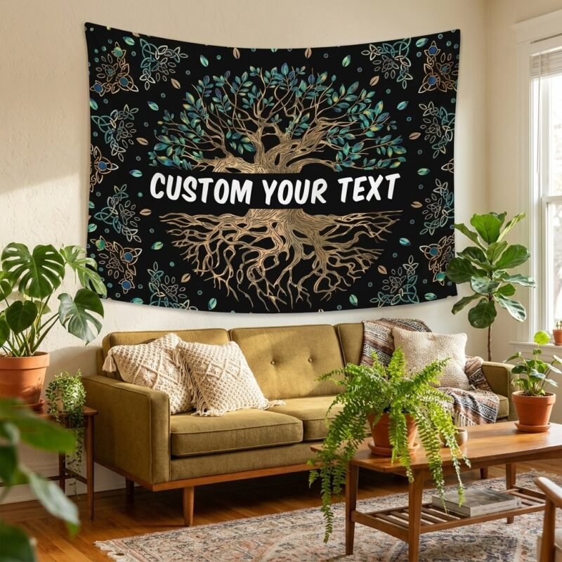 Custom Tree of Life Tapestry, Personalized Wall Hanging with Your Text — lifestyle scene 1