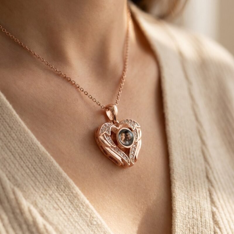 personalized-angel-wings-photo-projectio-lifestyle-1 Personalized Angel Wings Photo Projection Necklace — lifestyle scene 1