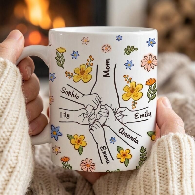 Personalized Hand in Hand Floral Mug with Custom Engraved Names — lifestyle scene 2