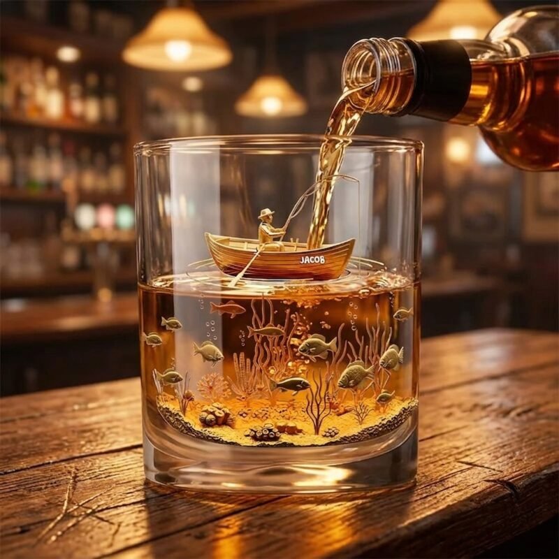 Personalized Whiskey Glass with 3D Fisherman Figurine & Custom Name — lifestyle scene 1