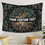Custom Tree of Life tapestry with personalized text hanging above a sofa