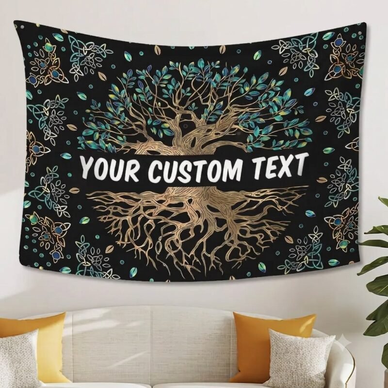 Custom Tree of Life tapestry with personalized text hanging above a sofa