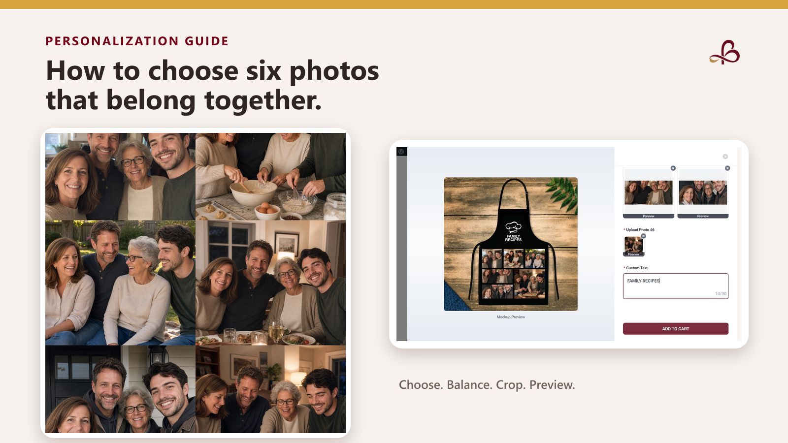 Six family photographs arranged beside an on-screen preview of a personalized six-photo apron.